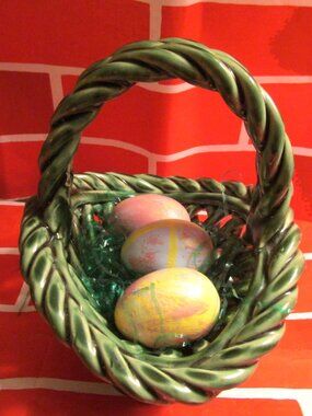 Ceramic Green Easter Basket Glazed with 3 Ceramic Easter Eggs great for Easter